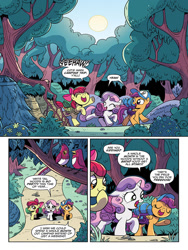 Size: 768x1024 | Tagged: safe, artist:brendahickey, idw, apple bloom, scootaloo, sweetie belle, bird, earth pony, pegasus, pony, unicorn, spoiler:comic, spoiler:comicspiritoftheforest01, baseball cap, camping, cap, comic, cutie mark crusaders, female, filly, foal, forest, hat, official comic, preview, raised hoof, saddle bag, speech bubble, spirit of the forest, whitetail woods