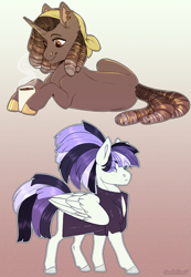 Size: 1557x2245 | Tagged: safe, artist:sadelinav, oc, oc only, pegasus, pony, unicorn, clothes, coffee mug, female, mare, mug, prone