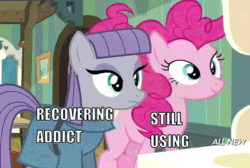 Size: 600x404 | Tagged: safe, edit, edited screencap, screencap, maud pie, pinkie pie, earth pony, pony, maud pie (episode), season 4, animated, caption, duo, faic, female, gif, great moments in animation, image macro, implied drug use, implied drugs, mare, maud being maud, pie sisters, pinkie being pinkie, rumbling, shaking, siblings, sisters, smear frame, text