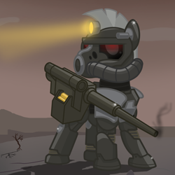 Size: 2500x2500 | Tagged: safe, artist:pizzamovies, oc, oc only, oc:steelhooves, ghoul, pony, undead, fallout equestria, armor, cannon, fallout, glowing eyes, gun, male, power armor, show accurate, solo, stallion, steel ranger, wasteland, weapon