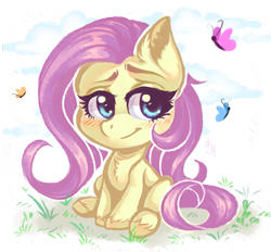 Size: 1293x1200 | Tagged: safe, artist:falafeljake, fluttershy, butterfly, pegasus, pony, my little pony: pony life, chest fluff, cute, ear fluff, female, grass, hoof fluff, lidded eyes, looking at you, looking away, mare, raised eyebrow, shyabetes, sitting, smiling, solo, unshorn fetlocks, wingless