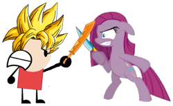 Size: 1347x830 | Tagged: safe, artist:andrewtrm, pinkie pie, oc, oc:andrewtrm, earth pony, human, angry, bipedal, blade, deviantart, dragon ball z, female, fight, knife, mare, pinkamena diane pie, super saiyan