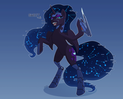 Size: 2706x2174 | Tagged: safe, artist:remi721, nightmare moon, alicorn, cyborg, pony, augmented, constellation, cyberpunk, cyberpunk 2077, female, mare, smiling, solo