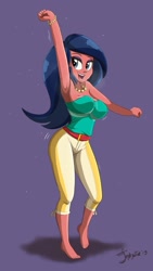 Size: 578x1024 | Tagged: safe, artist:jeglegator, edit, editor:thomasfan45, desert sage, human, better together, equestria girls, spring breakdown, adorasexy, armpits, background human, bare shoulders, barefoot, belt, bouncing, bouncing breasts, breasts, bustier, busty desert sage, clothes, cute, dancing, eyeshadow, feet, female, jewelry, makeup, necklace, open mouth, pants, pearl necklace, purple background, sexy, signature, simple background, solo, strapless