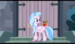 Size: 1024x600 | Tagged: safe, screencap, silverstream, classical hippogriff, hippogriff, school daze, apple, castle, claw hold, closed wing, female, food, happy, looking at something, outdoors, raised claw, raised eyebrow, smiling, solo, stairs, teenager, wings