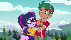 Size: 1280x720 | Tagged: safe, screencap, sci-twi, timber spruce, twilight sparkle, equestria girls, legend of everfree, camp everfree outfits, clothes, glasses, lifejacket, ponytail, smiling