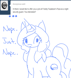 Size: 1000x1100 | Tagged: safe, artist:kaggy009, oc, oc:peppermint pattie (unicorn), pony, unicorn, ask peppermint pattie, female, five nights at freddy's, mare, monochrome, sketch, solo