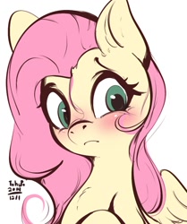 Size: 920x1103 | Tagged: safe, artist:tohupo, fluttershy, pegasus, pony, blushing, bust, cute, female, frown, looking at you, mare, portrait, shyabetes, simple background, solo, stray strand, white background