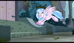 Size: 1024x600 | Tagged: safe, screencap, silverstream, classical hippogriff, hippogriff, school daze, castle, cute, diastreamies, happy, outdoors, pointing, solo, spread wings, stairs, that hippogriff sure does love stairs, wings