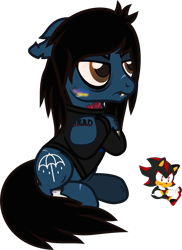 Size: 933x1285 | Tagged: safe, artist:lightningbolt, derpibooru exclusive, earth pony, pony, undead, zombie, zombie pony, .svg available, bags under eyes, blushing, bone, bring me the horizon, clothes, colored blushing, crossed hooves, fangs, floppy ears, grumpy, long sleeves, male, oliver sykes, plushie, ponified, scar, shadow the hedgehog, shirt, simple background, sitting, solo, sonic the hedgehog (series), stallion, stitches, svg, tattoo, transparent background, vector