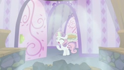 Size: 1920x1080 | Tagged: safe, screencap, sweetie belle, pony, unicorn, the big mac question, food, glowing horn, horn, magic, pie, solo, steam, telekinesis