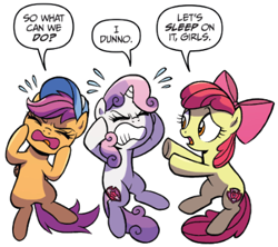 Size: 408x363 | Tagged: safe, artist:brendahickey, idw, apple bloom, scootaloo, sweetie belle, earth pony, pegasus, pony, unicorn, spoiler:comic, spoiler:comicspiritoftheforest02, adorable distress, baseball cap, cap, cute, cutie mark, cutie mark crusaders, dialogue, female, filly, foal, hat, official comic, simple background, speech bubble, the cmc's cutie marks, thinking, trio, white background