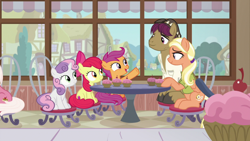 Size: 1920x1080 | Tagged: safe, screencap, apple bloom, fuchsia frost, mane allgood, scootaloo, snap shutter, sweetie belle, earth pony, pegasus, pony, unicorn, the last crusade, background pony, cupcake, cutie mark crusaders, female, filly, food, friendship student, male, mare, stallion