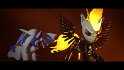 Size: 3840x2160 | Tagged: safe, artist:phoenixtm, oc, oc:delta firedash, oc:zyra, alicorn, bat pony, bat pony alicorn, dracony, hybrid, 3d, angry, armor, bat pony oc, cowering, defensive, dracony alicorn, scared, source filmmaker, spread wings, wings