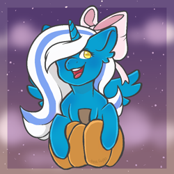 Size: 800x800 | Tagged: safe, artist:crystalsketch342, oc, oc only, oc:fleurbelle, alicorn, pony, adorable face, alicorn oc, bow, cute, female, golden eyes, hair bow, halloween, happy, holiday, mare, pumpkin, sweet