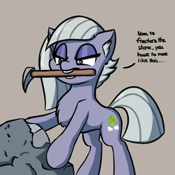 Size: 2000x2000 | Tagged: safe, artist:topicranger, limestone pie, earth pony, pony, atg 2019, chest fluff, colored, ear fluff, equestria daily, eyelashes, female, flat colors, mare, mouth hold, newbie artist training grounds, pickaxe, rock, simple background, simple shading, solo, text