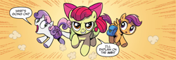 Size: 800x276 | Tagged: safe, artist:brendahickey, idw, apple bloom, scootaloo, sweetie belle, earth pony, pegasus, pony, unicorn, spoiler:comic, spoiler:comicspiritoftheforest02, cropped, cutie mark crusaders, female, filly, foal, official comic, orange background, saddle bag, simple background, speech bubble, trio