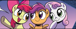 Size: 563x215 | Tagged: safe, artist:brendahickey, idw, apple bloom, scootaloo, sweetie belle, earth pony, pegasus, pony, unicorn, spoiler:comic, spoiler:comicspiritoftheforest02, cute, cutie mark crusaders, female, filly, foal, official comic, trio