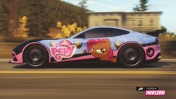 Size: 900x506 | Tagged: safe, babs seed, pony, car, ferrari, ferrari f12 berlinetta, forza horizon, game screencap, my little pony logo, video game