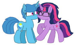 Size: 1772x1080 | Tagged: safe, artist:徐詩珮, sci-twi, spring rain, twilight sparkle, unicorn, equestria girls, equestria girls ponified, female, glasses, kissing, lesbian, mare, sci-springlight, shipping, springlight, unicorn sci-twi