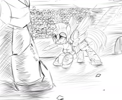 Size: 1280x1045 | Tagged: safe, artist:some_ponu, applejack, earth pony, pegasus, pony, colosseum, fight, gladiator, monochrome, mouth hold, sword, weapon