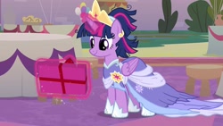 Size: 1920x1080 | Tagged: safe, screencap, twilight sparkle, twilight sparkle (alicorn), alicorn, pony, the last problem, crown, female, jewelry, mare, messy mane, present, regalia, second coronation dress, smiling, solo