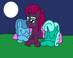 Size: 1230x972 | Tagged: safe, artist:徐詩珮, fizzlepop berrytwist, glitter drops, spring rain, tempest shadow, pony, unicorn, my little pony: the movie, crying, female, glittershadow, lesbian, mare, moon, night, nuzzling, polyamory, shipping, sleeping, springdrops, springshadow, springshadowdrops, stars, tears of joy, trio, trio female