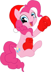 Size: 606x842 | Tagged: safe, pinkie pie, earth pony, pony, cap, christmas, clothes, cutie mark, female, gloves, hat, holiday, mare, santa claus, santa hat, simple background, sitting, smiling, solo, transparent background