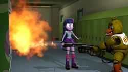 Size: 2773x1560 | Tagged: safe, artist:fazbearsparkle, twilight sparkle, equestria girls, 3d, canterlot high, chica, crossover, drink dispenser, fire, five nights at freddy's, flame thrower, source filmmaker, surprised