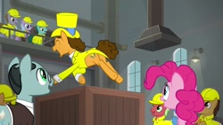 Size: 1920x1080 | Tagged: safe, screencap, cheese sandwich, pinkie pie, earth pony, pony, the last laugh, background pony, butt, clothes, hard hat, hat, plot, sans smirk, suit, top hat, unnamed pony