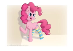 Size: 1024x716 | Tagged: safe, artist:bronyhands, pinkie pie, earth pony, pony, cheek fluff, chest fluff, clothes, cute, diapinkes, ear fluff, female, mare, socks, solo, striped socks