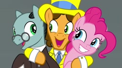 Size: 1920x1080 | Tagged: safe, screencap, cheese sandwich, pinkie pie, pony, the last laugh, clothes, hard hat, hat, sans smirk, suit, top hat