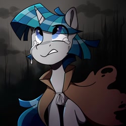 Size: 800x800 | Tagged: safe, artist:crimmharmony, stygian, pony, unicorn, abstract background, bust, cloak, clothes, crying, looking up, male, solo, stallion, teary eyes