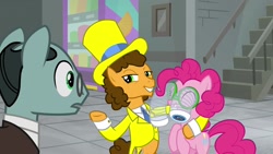 Size: 1920x1080 | Tagged: safe, screencap, cheese sandwich, pinkie pie, pony, the last laugh, clothes, hat, sans smirk, suit, top hat