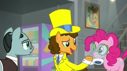 Size: 1920x1080 | Tagged: safe, screencap, cheese sandwich, pinkie pie, pony, the last laugh, clothes, hat, sans smirk, suit, top hat