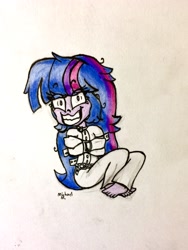 Size: 2121x2813 | Tagged: safe, artist:michaelmaddox222, twilight sparkle, equestria girls, barefoot, bondage, clothes, colored, faic, feet, female, insanity, looking at you, manic grin, messy hair, pants, pencil drawing, redraw, signature, sitting, solo, straitjacket, traditional art, twilight snapple
