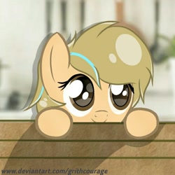 Size: 894x894 | Tagged: safe, artist:grithcourage, oc, oc:grith courage, earth pony, pony, adorable face, backround fade, cute, looking up, solo, watermark