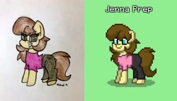 Size: 2442x1393 | Tagged: safe, artist:michaelmaddox222, oc, oc:jenna prep, earth pony, pony, clothes, colored, female, looking at you, pants, pencil drawing, pony town, shirt, signature, smiling, solo, traditional art