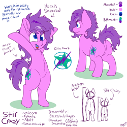 Size: 2000x2000 | Tagged: safe, artist:skoon, oc, oc only, oc:stir crazy, pony, unicorn, colored, female, flat colors, reference sheet, simple background, solo