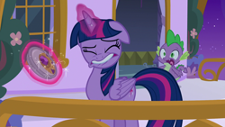 Size: 1920x1080 | Tagged: safe, screencap, spike, twilight sparkle, twilight sparkle (alicorn), alicorn, dragon, between dark and dawn, amulet, balcony, floppy ears, jewelry, winged spike