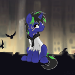 Size: 2100x2100 | Tagged: safe, artist:sjart117, oc, oc:dust rock, bird, crow, unicorn, building, city, clothes, coat markings, color change, fillydelphia, hoodie, male, missing accessory, night, rock pony, rocker, sitting, solo, stallion, streetlight