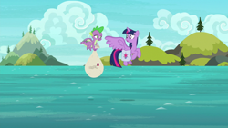 Size: 1920x1080 | Tagged: safe, screencap, spike, twilight sparkle, twilight sparkle (alicorn), alicorn, dragon, pony, the point of no return, bag, duo, female, flying, mailbag, male, mare, saddle bag, winged spike