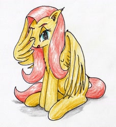 Size: 1671x1829 | Tagged: safe, artist:40kponyguy, derpibooru exclusive, fluttershy, pegasus, pony, ear fluff, facewing, female, looking at you, one eye closed, reaction image, simple background, solo, traditional art, white background, wing hands, wings