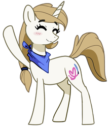 Size: 1033x1200 | Tagged: safe, artist:nightmare fuel, derpibooru exclusive, oc, oc only, oc:paint brush, pony, unicorn, 2020 community collab, blush sticker, blushing, derpibooru community collaboration, eyes closed, female, mare, neckerchief, simple background, smiling, solo, transparent background, waving