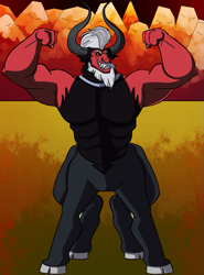 Size: 867x1174 | Tagged: safe, artist:teanorthlight, lord tirek, centaur, armpits, beard, cloven hooves, colored hooves, commission, evil grin, facial hair, flexing, grin, horns, looking at you, male, mohawk, mountain, muscles, nose piercing, nose ring, pecs, piercing, smiling