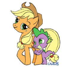 Size: 763x698 | Tagged: safe, artist:chibi95, derpibooru import, applejack, spike, dragon, earth pony, pony, applespike, cowboy hat, female, freckles, hat, hoof hugs, hug, leg hug, male, mare, raised hoof, shipping, simple background, stock vector, straight, trace, transparent background