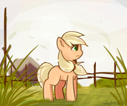 Size: 1200x1000 | Tagged: safe, artist:whiskyice, applejack, earth pony, pony, countryside, female, fence, grass, hatless, mare, missing accessory, missing cutie mark, profile, solo