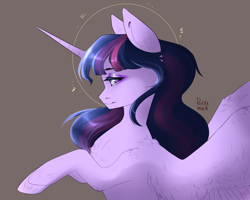 Size: 1280x1024 | Tagged: safe, artist:kilka-chan-yana, twilight sparkle, twilight sparkle (alicorn), alicorn, pony, brown background, bust, chest fluff, cute, ear fluff, female, leg fluff, lidded eyes, mare, profile, simple background, solo, spread wings, twiabetes, wing fluff, wings