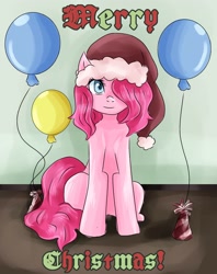 Size: 1544x1946 | Tagged: safe, artist:sakuraaburame, pinkie pie, earth pony, pony, balloon, christmas, female, hat, holiday, merry christmas, santa hat, solo