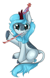 Size: 721x1108 | Tagged: safe, artist:xyvernartworks, oc, oc:frost flare, kirin, pony, 2020 community collab, cloven hooves, derpibooru community collaboration, female, hat, kirin oc, party hat, party whistle, simple background, sitting, solo, transparent background, waving